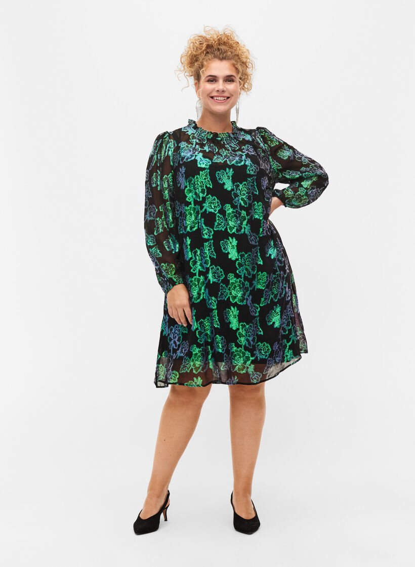 Robe en viscose à fleurs avec structure en lurex, Black w. Green Lurex, Model image number 2