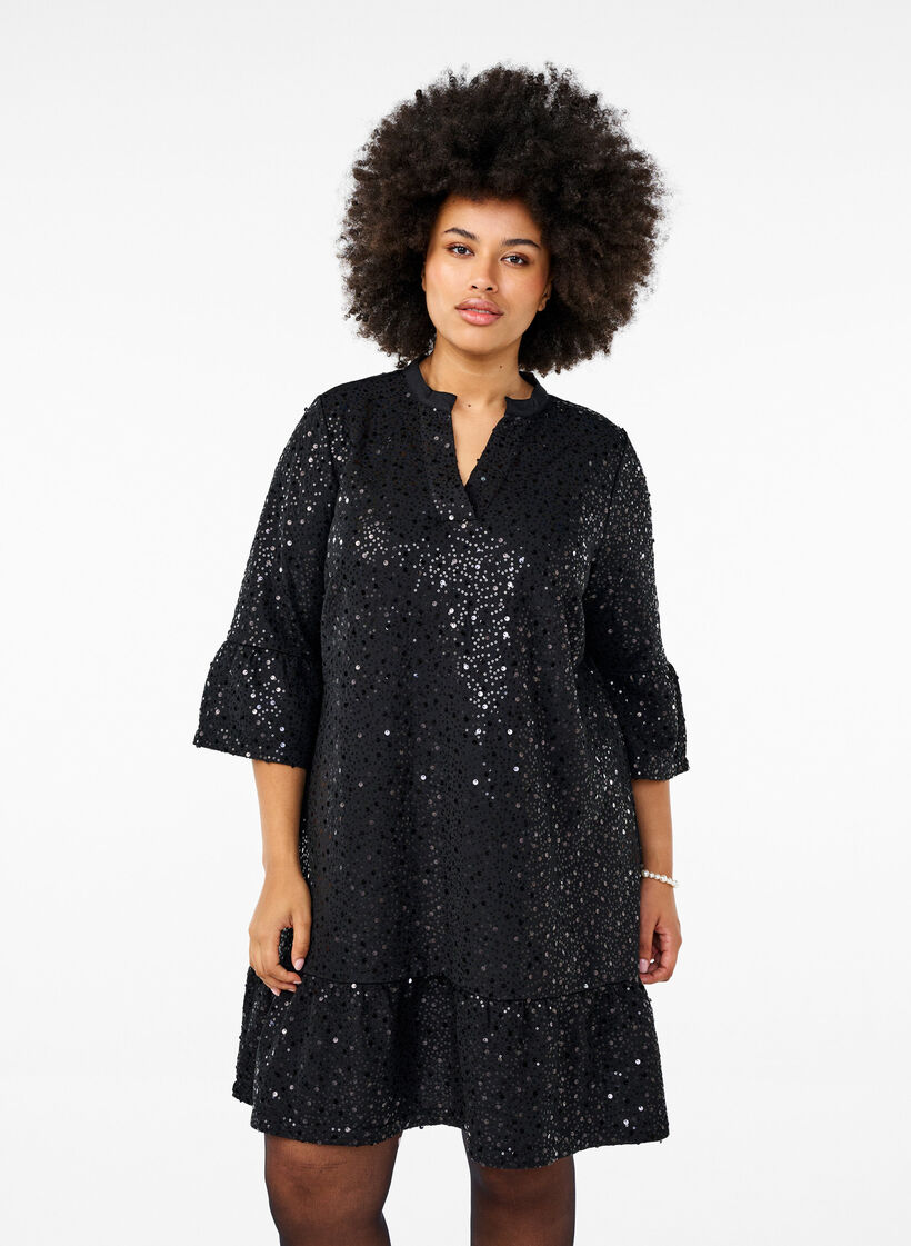 Robe à paillettes avec col en V et manches 3/4, Black w. Bl. Sequins, Model image number 0