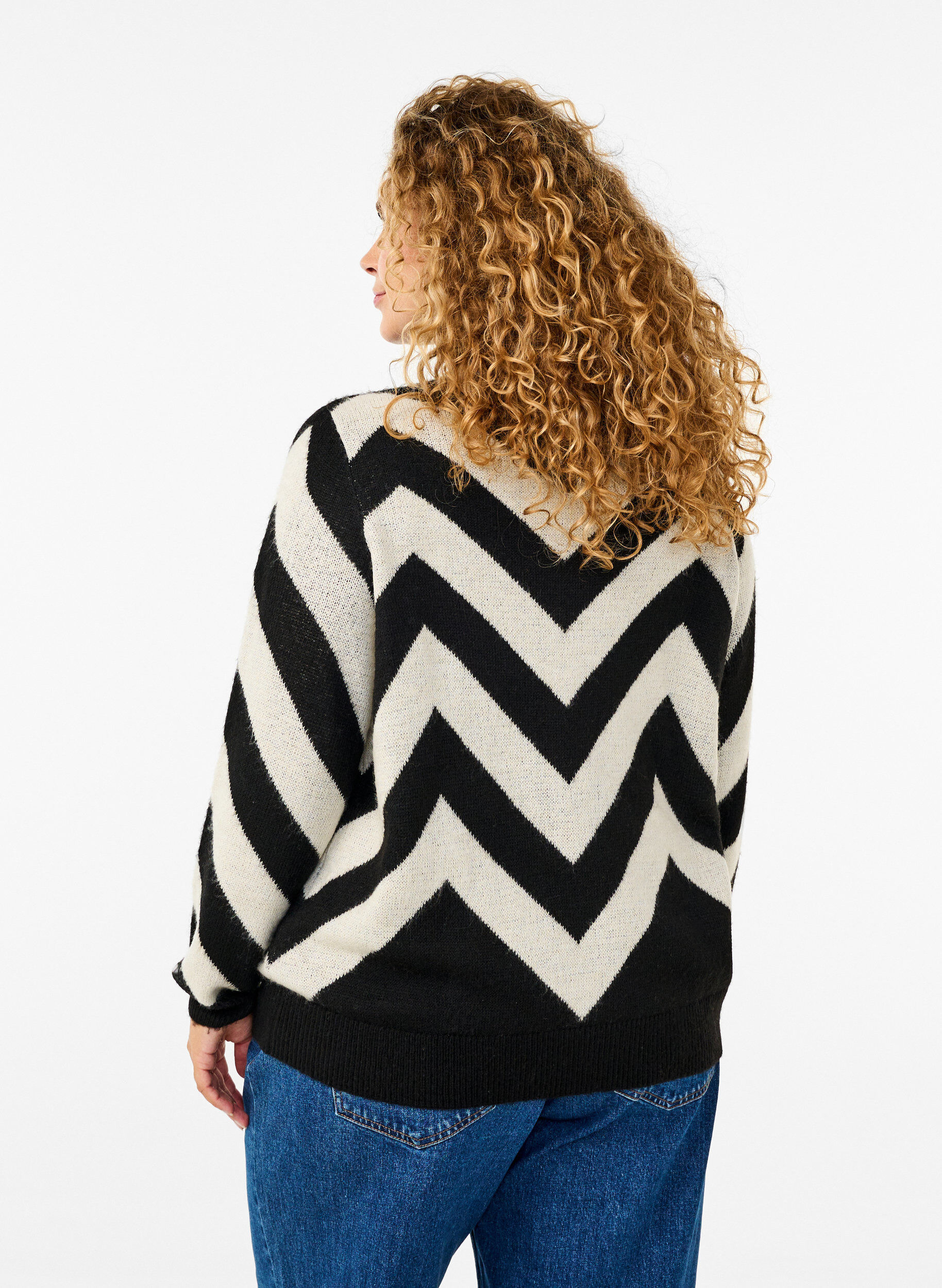 Zizzi Pull en tricot &agrave; col montant avec fermeture &eacute;clair, Black Birch Stripe, Model image number 1