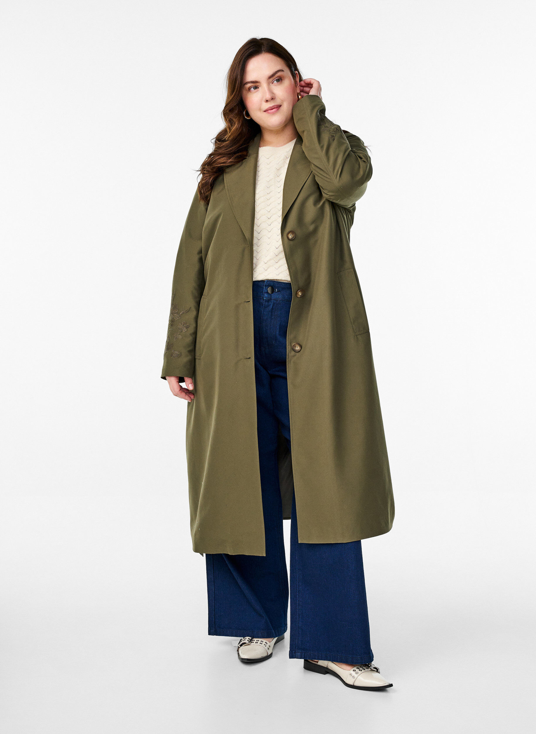 Zizzi Trench long avec broderie, Vert, Model image number 0