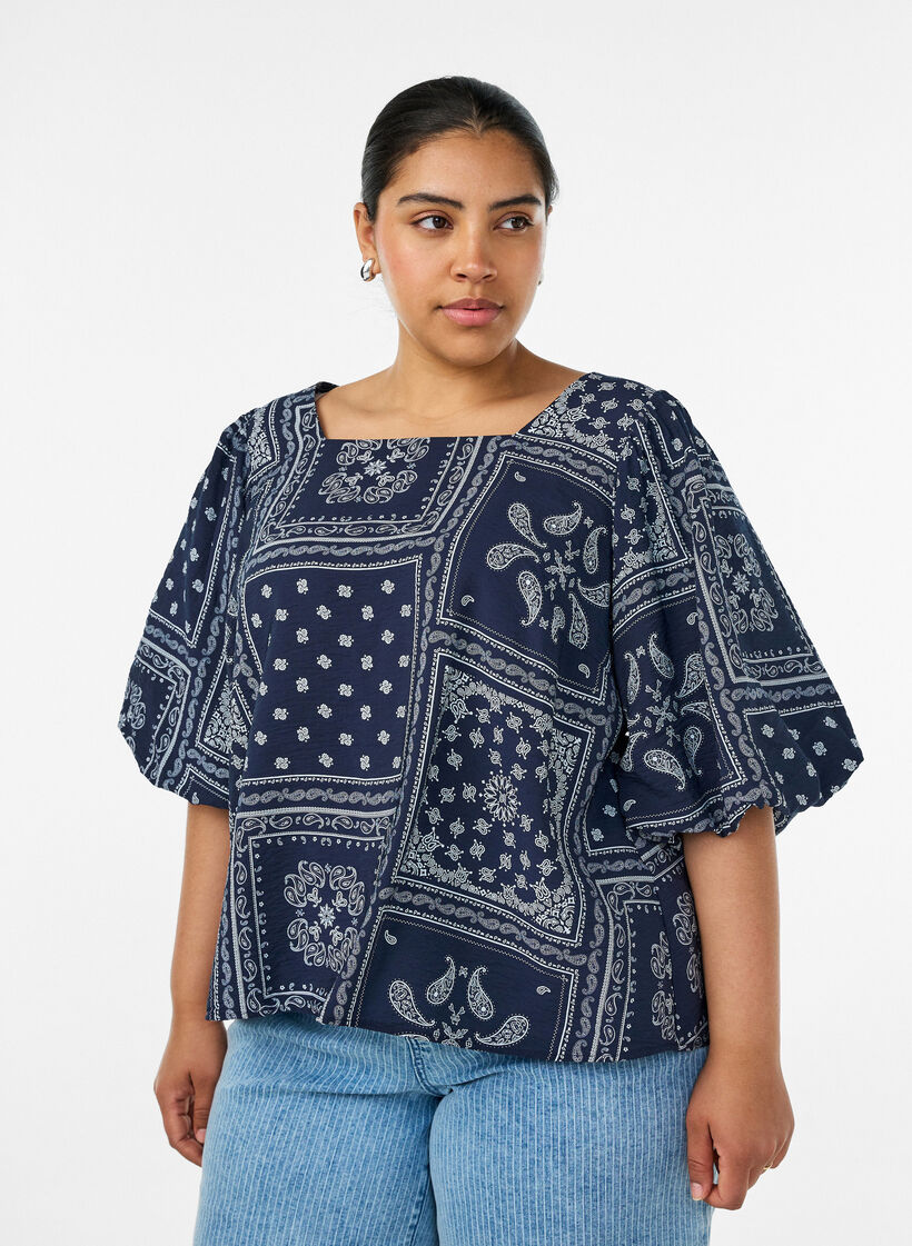 Blouse en viscose &agrave; imprim&eacute; cachemire et manches ballon, Bleu, Model image number 0