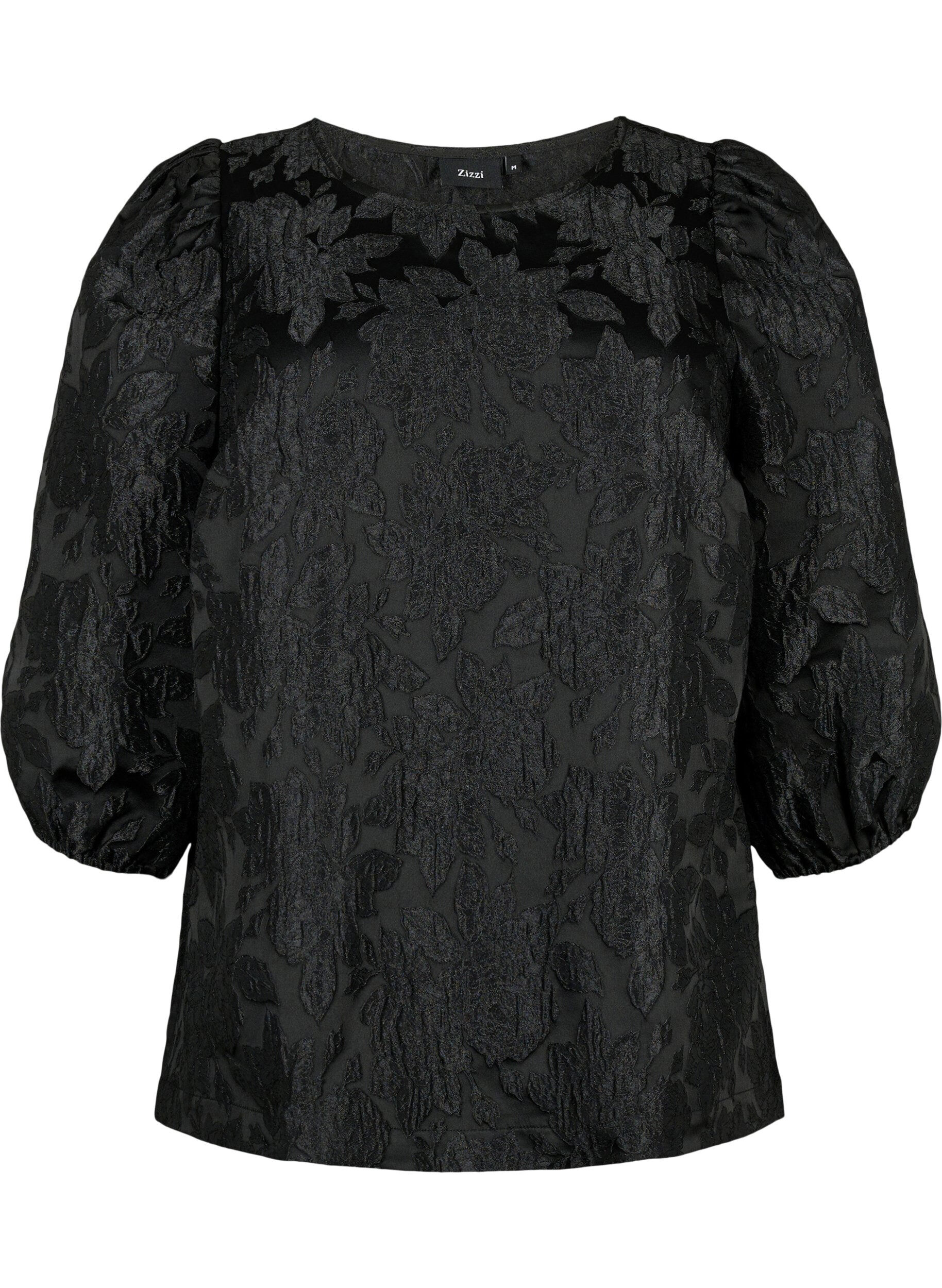 Zizzi Blouse jacquard avec manches 3/4, Black, Packshot image number 0