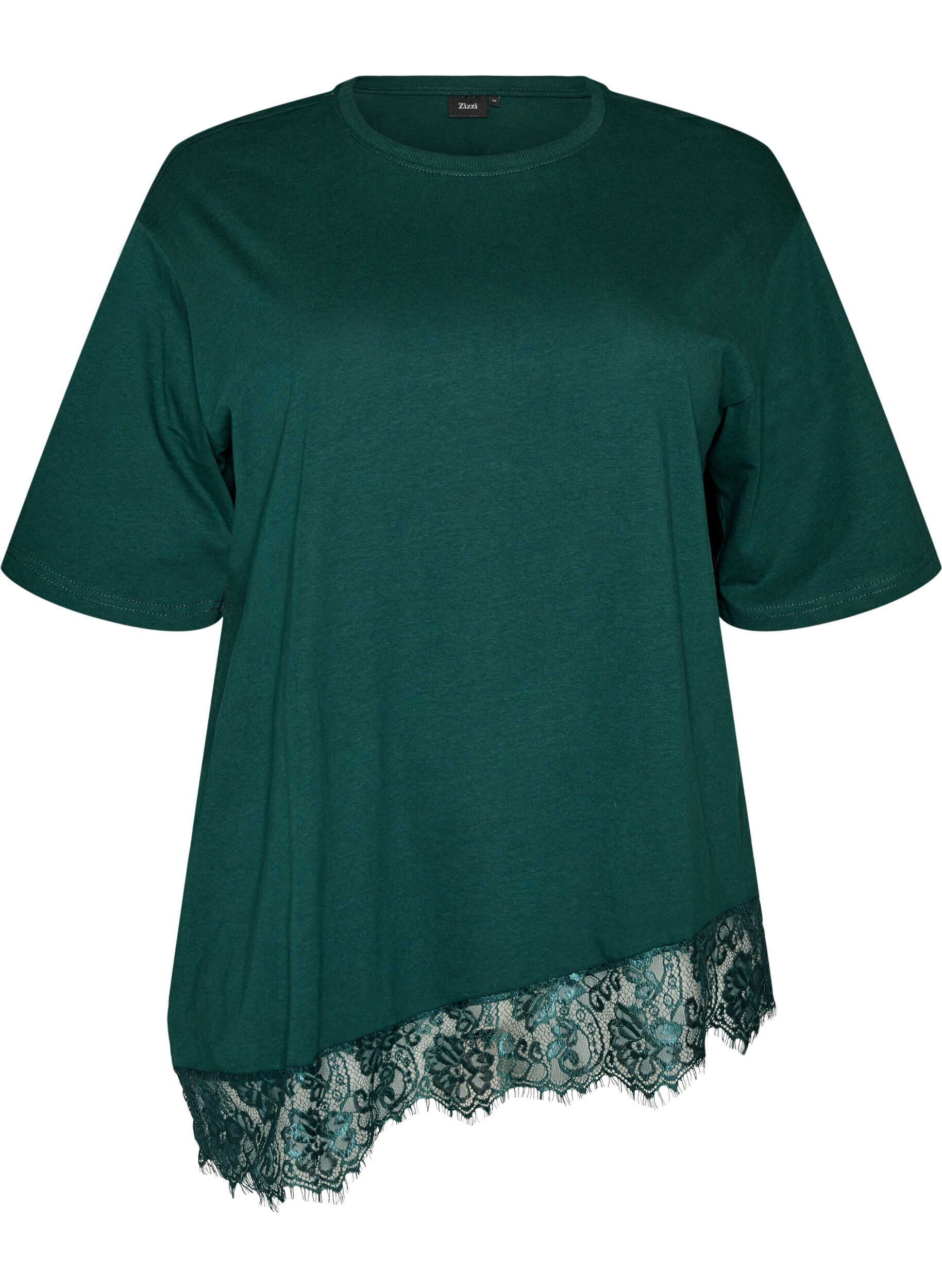 ZizziT-shirt avec ourlet asym&eacute;trique en dentelle, Vert fonc&eacute;, Packshot image number 0