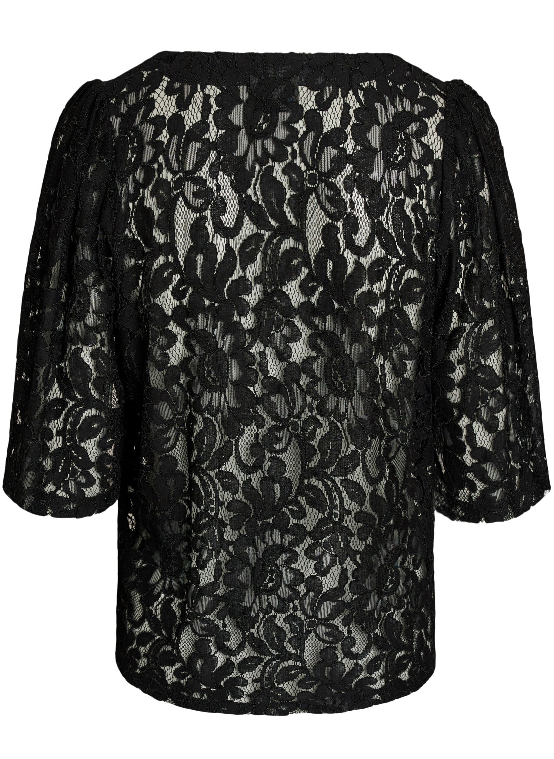 Zizzi Blouse en dentelle &agrave; manches courtes et col V, Noir, Packshot image number 1