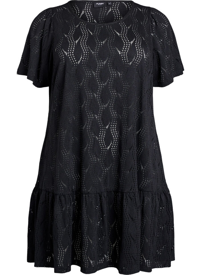 FLASH - Robe courte en jersey à motif ajouré, Black, Packshot image number 0