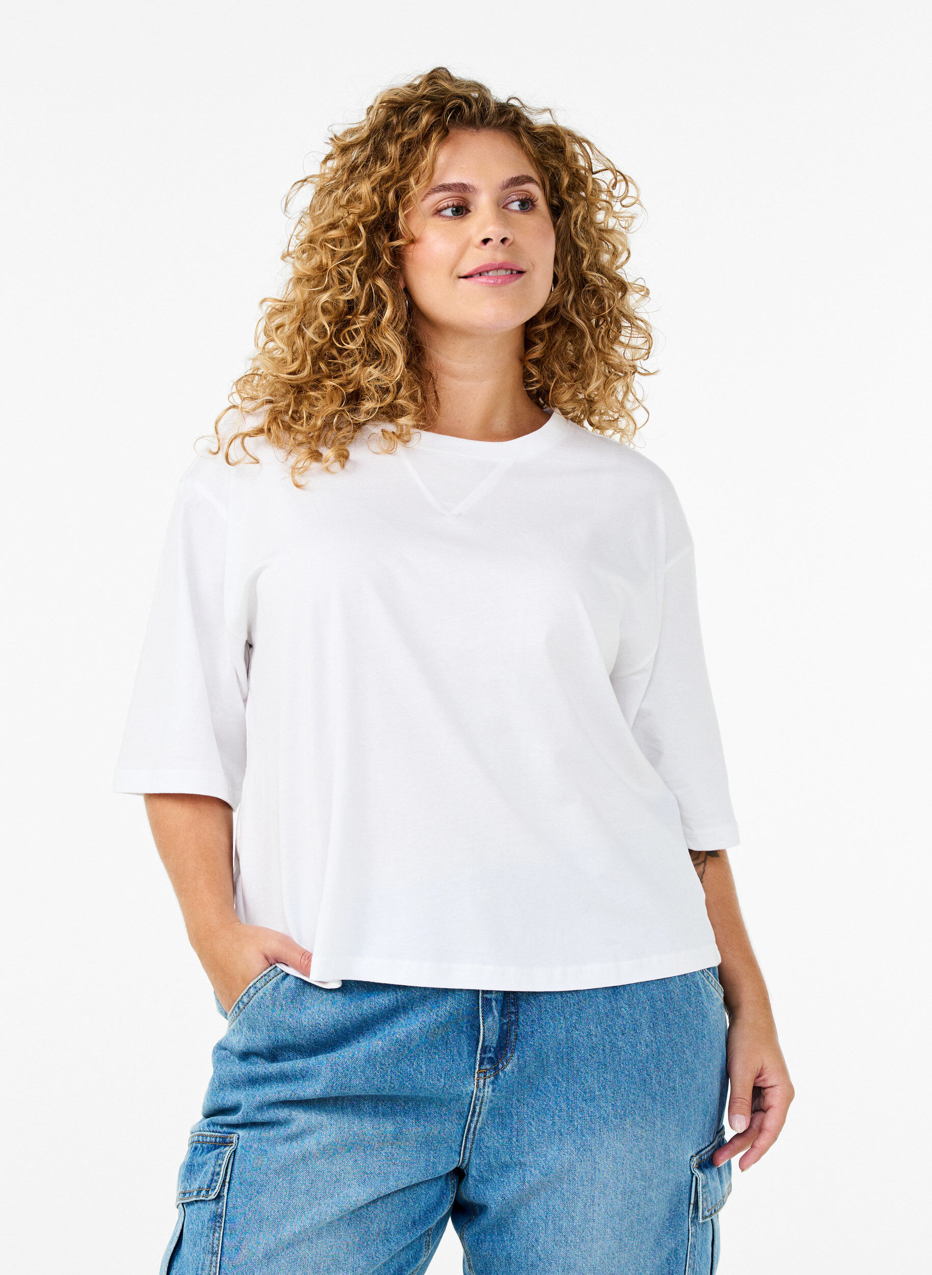 Zizzi T-shirt boxy en coton bio, Blanc, Model image number 0