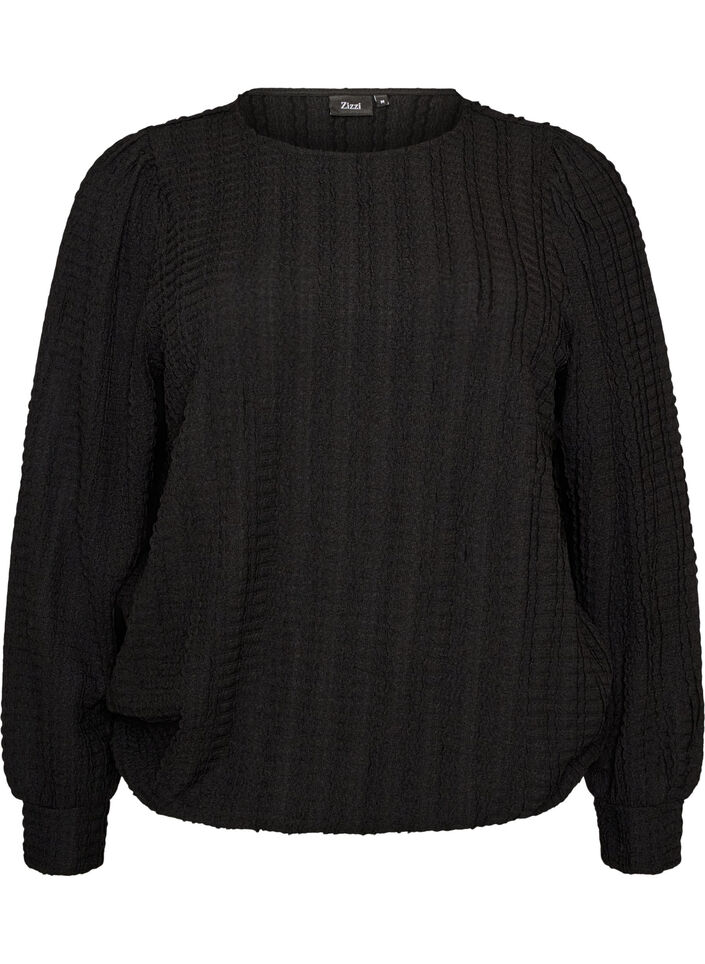 Blouse en jersey textur&eacute; &agrave; la silhouette ballon, Noir, Packshot image number 0