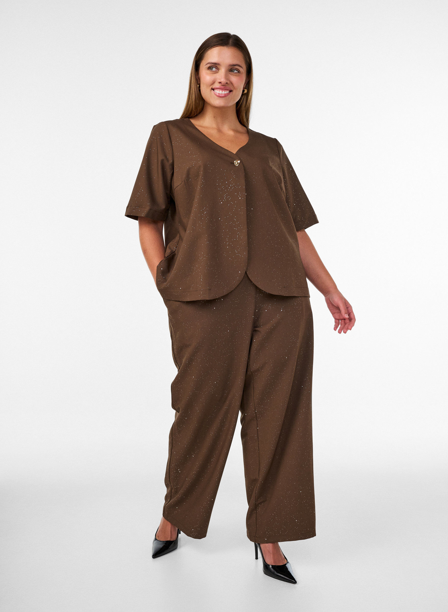 ZizziBlouse avec paillettes et col en V, Marron, Model image number 1