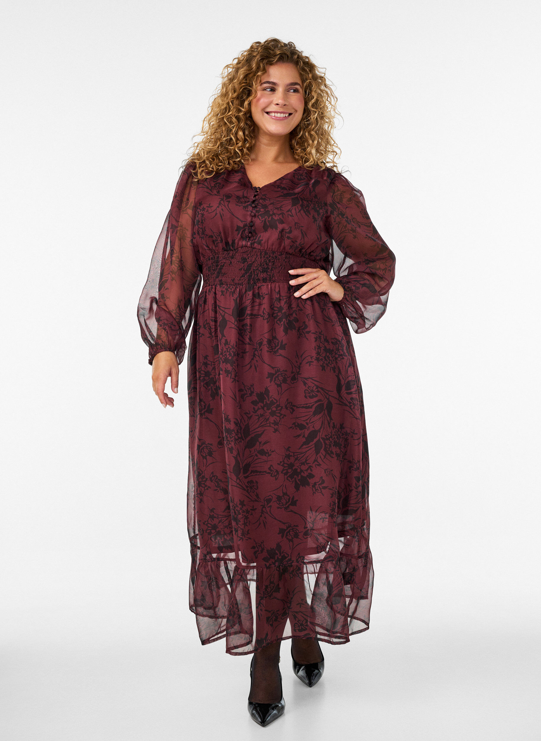 ZizziRobe maxi avec imprim&eacute; floral et smocks, Bordeaux fonc&eacute;, Model image number 0