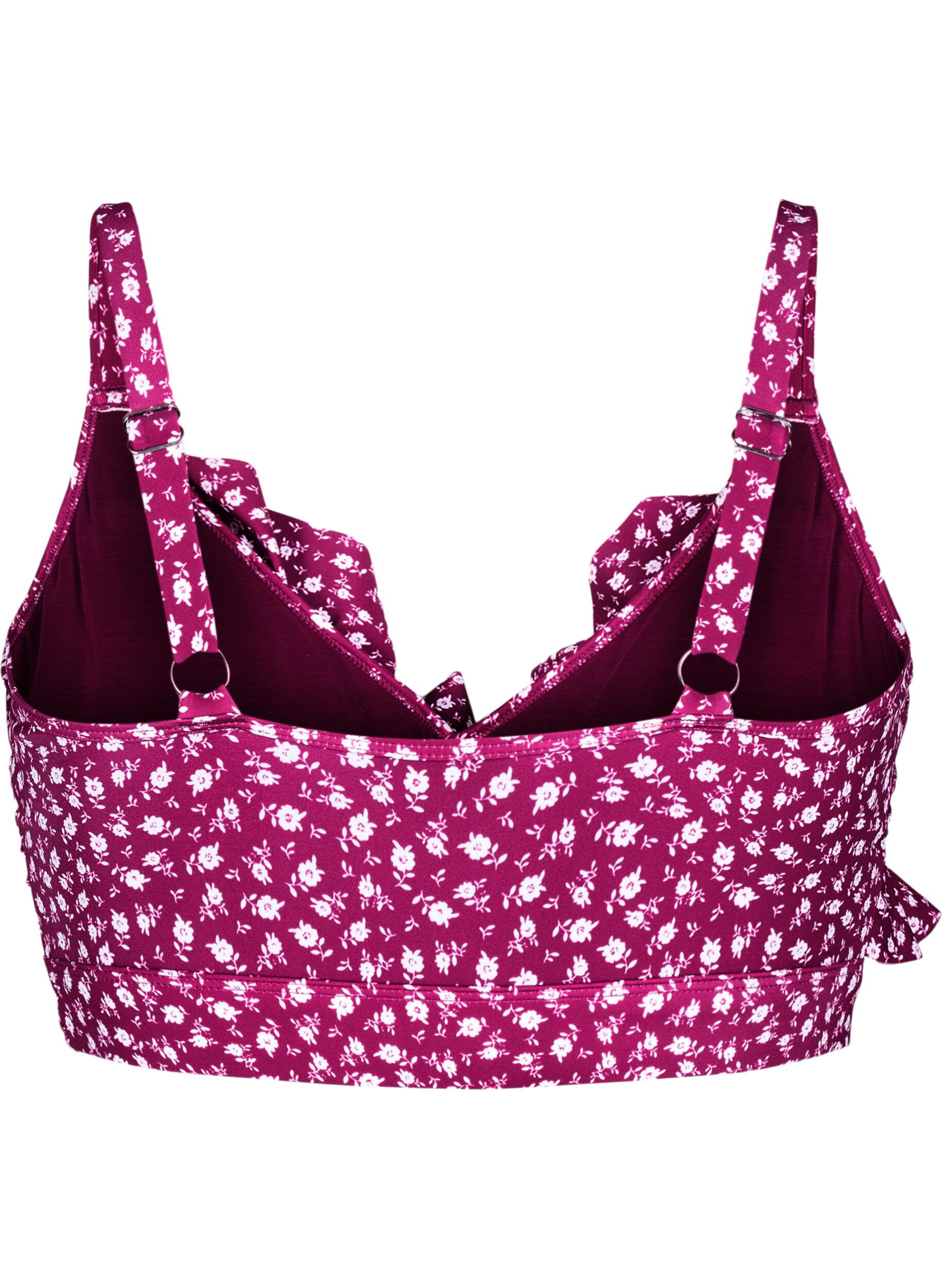 ZizziHaut de bikini &agrave; fleurs et &agrave; d&eacute;tails de jabot, Bordeaux, Packshot image number 1