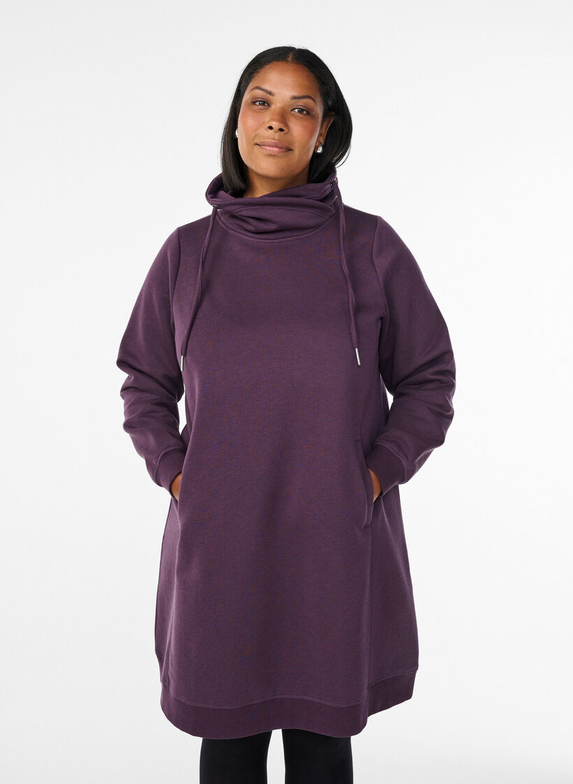 FLASH - Robe sweat-shirt courte à col montant et poches, Violet, Model image number 0
