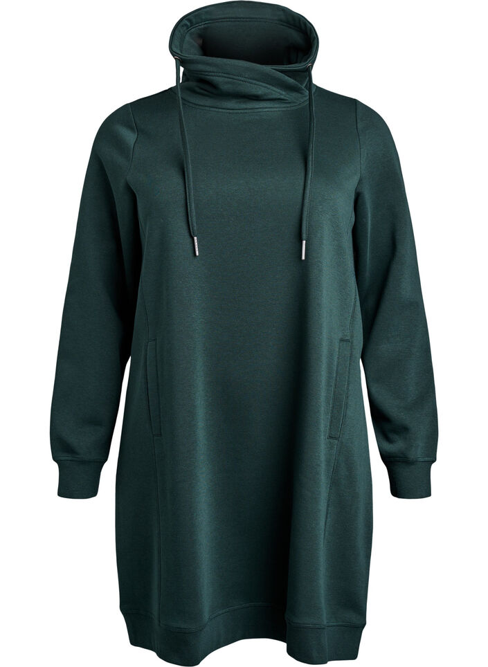 Robe sweat-shirt courte &agrave; col montant et poches, Vert fonc&eacute;, Packshot image number 0