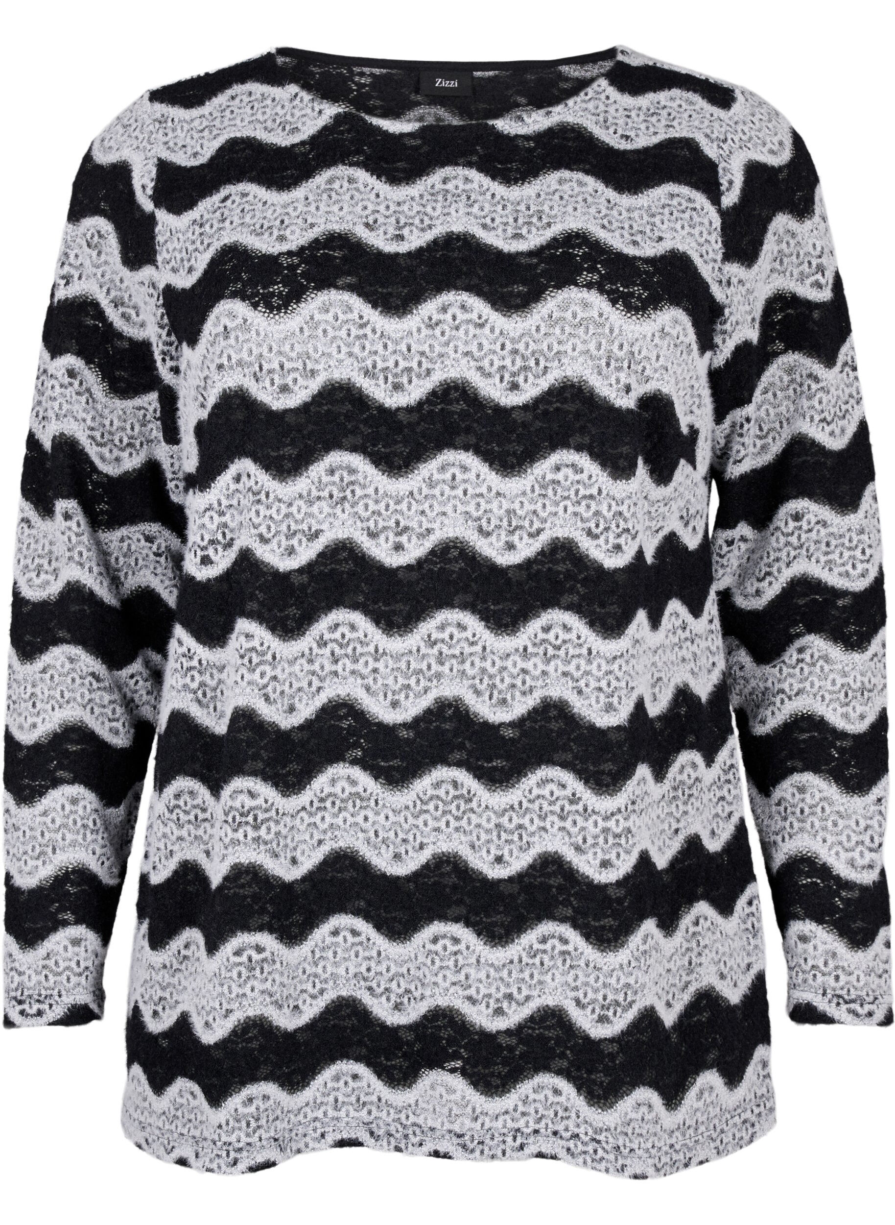 Zizzi Chemisier en tricot avec un motif de vague, Black Stripe, Packshot image number 0
