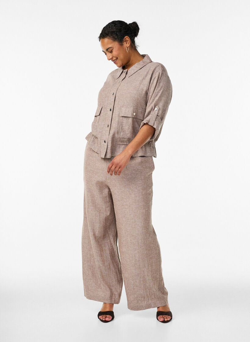 Chemisier en lin et viscose avec une taille ajustable, Marron, Model image number 1