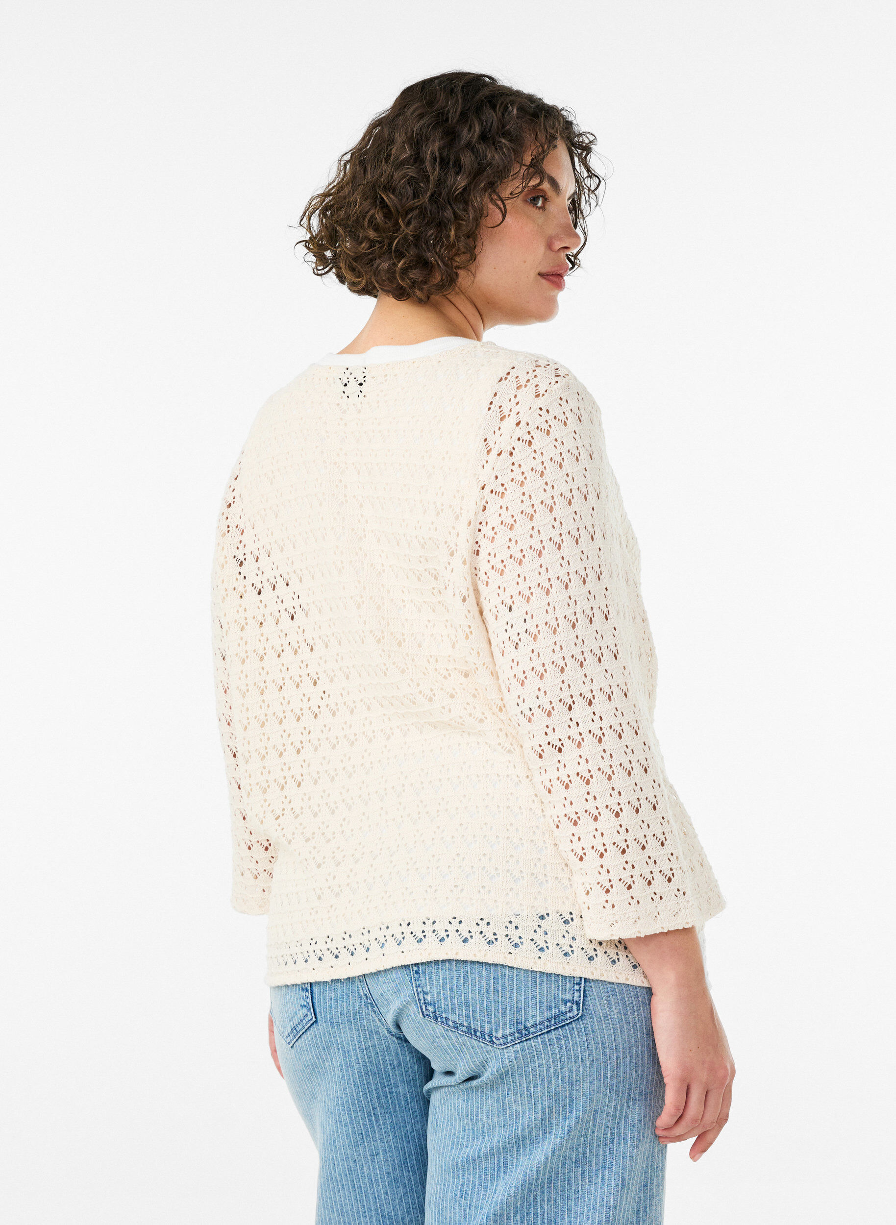 ZizziCardigan en maille avec broderie ajour&eacute;e et col V, Beige, Model image number 2