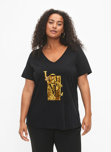 T-shirt à paillettes en coton, Black w. Love, Model image number 0
