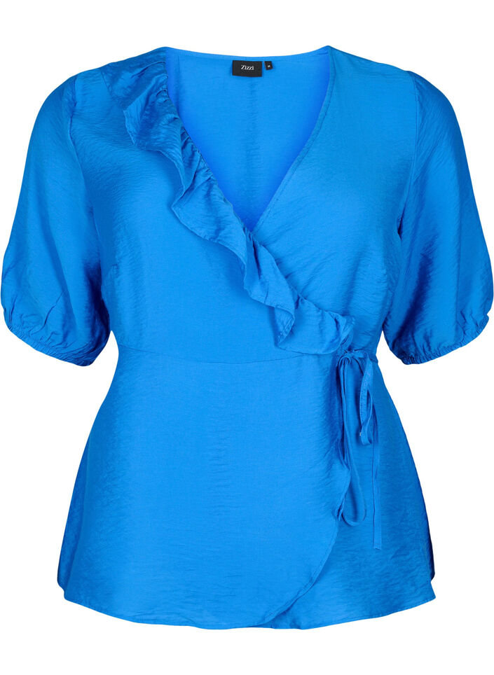 Blouse cache-cœur en viscose avec manches mi-longues, Olympian Blue, Packshot image number 0