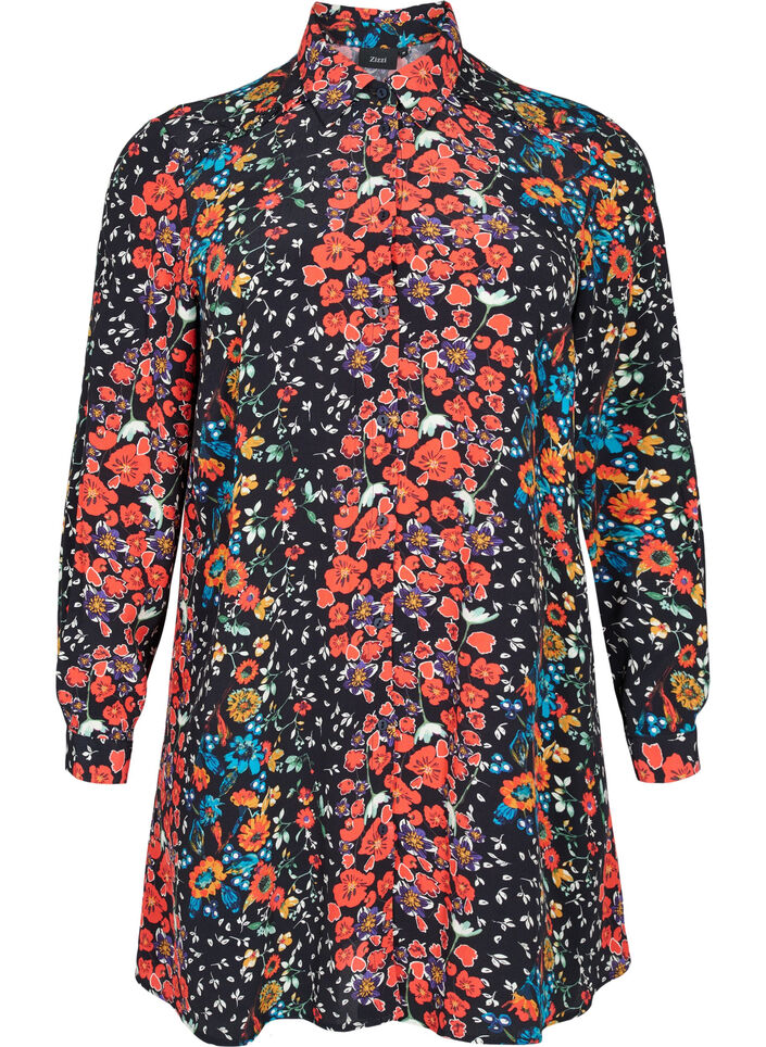 Chemise longue en viscose à imprimé floral, Black Flower, Packshot image number 0