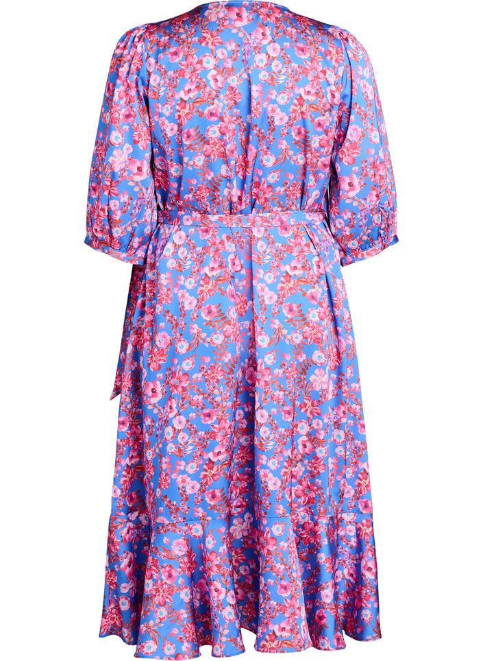 Robe portefeuille &agrave; imprim&eacute; floral et manches 3/4, Bleu, Packshot image number 1