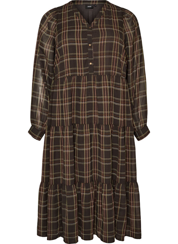 Robe midi &agrave; carreaux avec une jupe &agrave; volants, Marron, Packshot image number 0