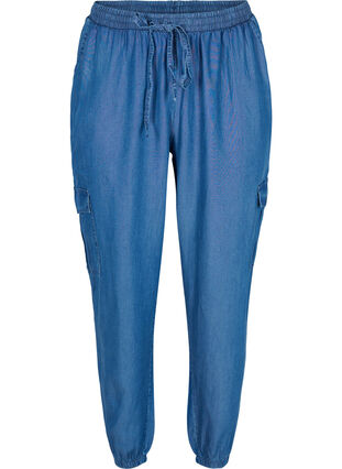 Pantalon cargo en look denim avec poches, Medium Blue, Packshot image number 0