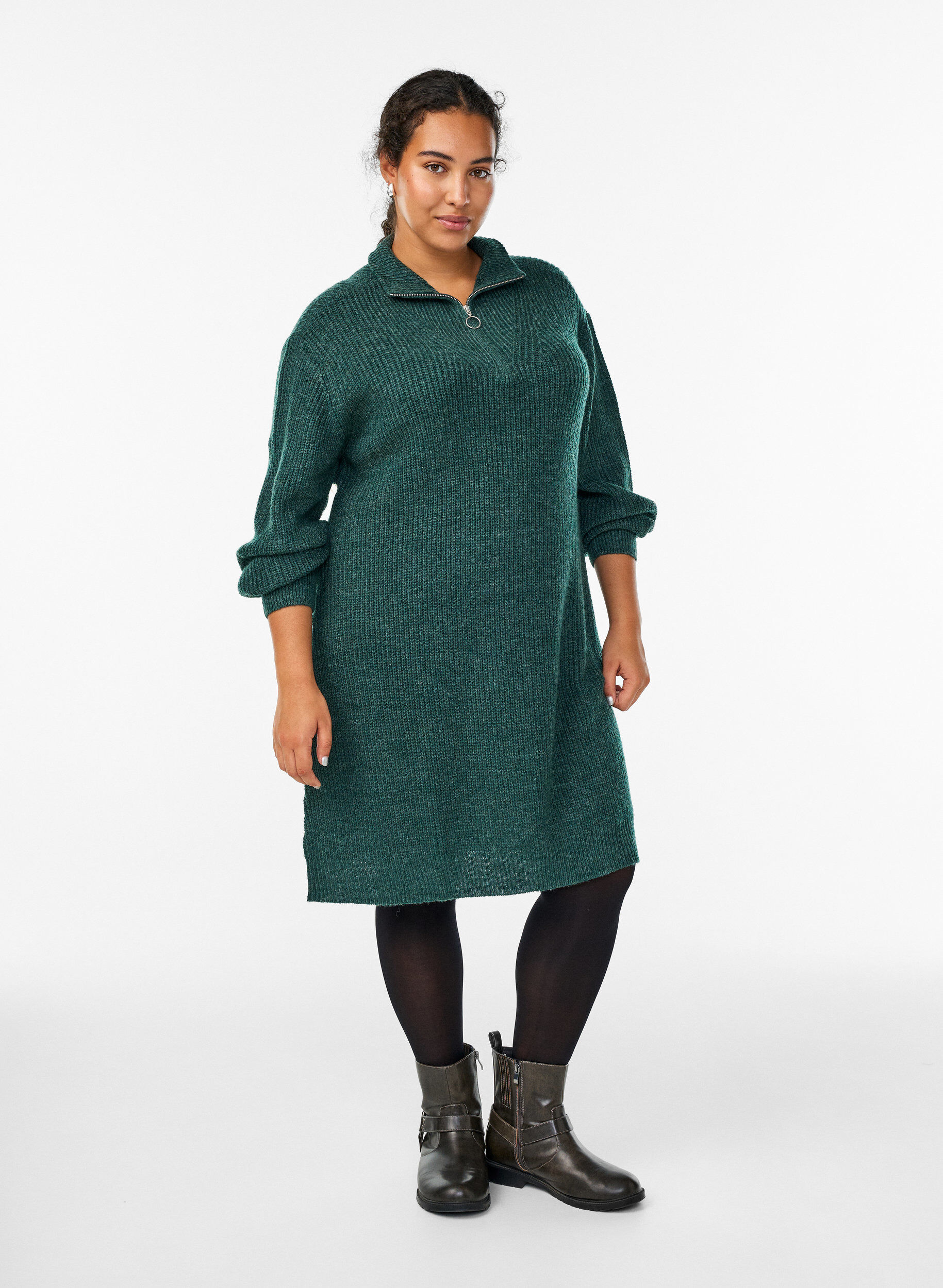 Zizzi FLASH - Robe courte en maille avec col montant, Vert, Model image number 1