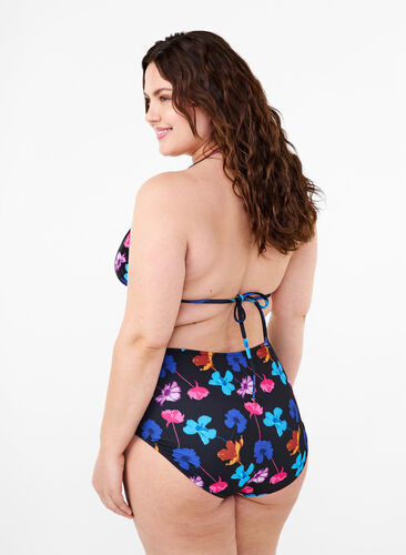 Bas de bikini à imprimé et taille haute, Black Flower AOP, Model image number 1