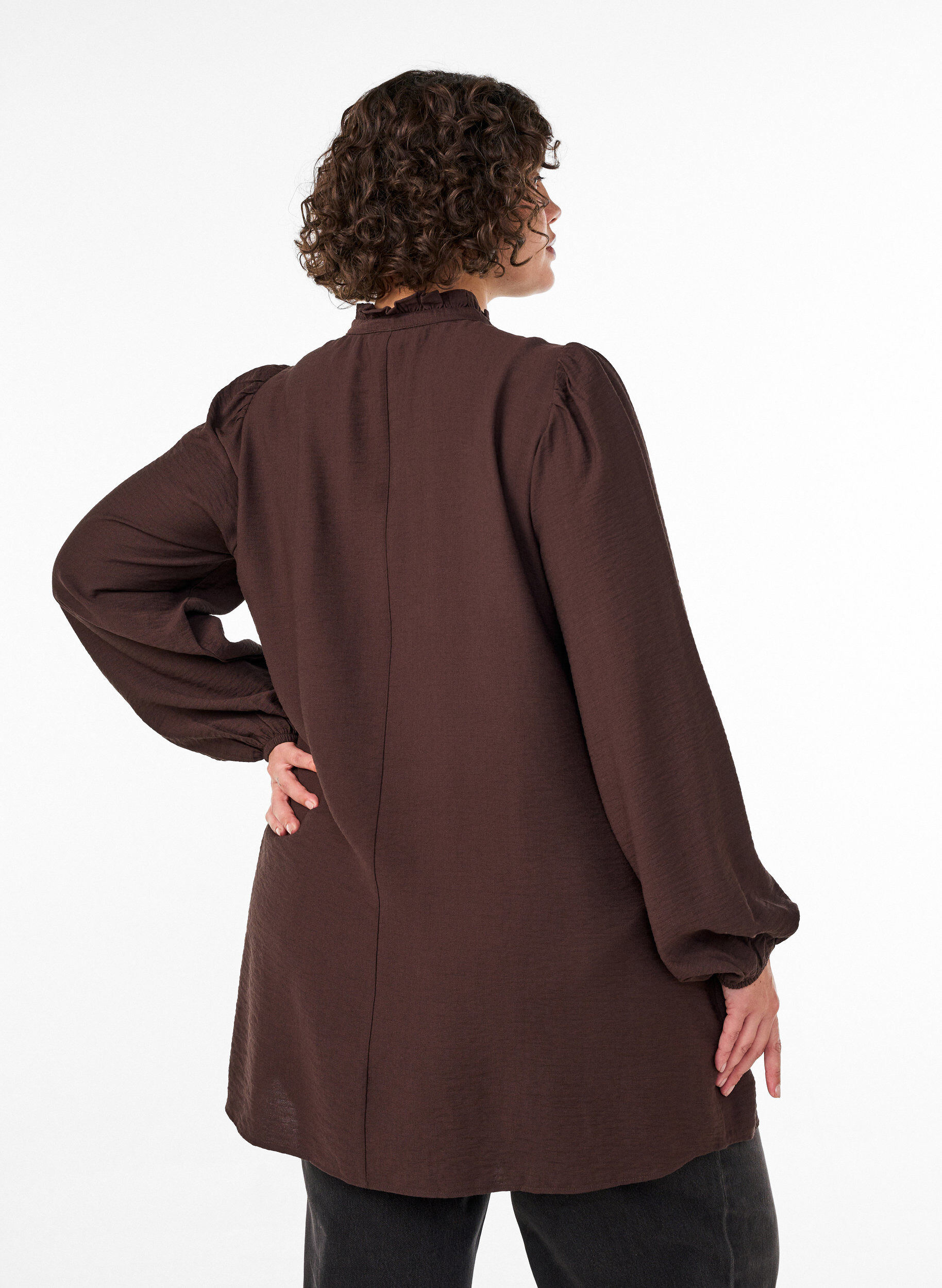 ZizziTunique en viscose avec volants et boutons, Marron, Model image number 2
