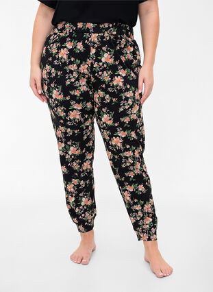 Pantalon de pyjama en coton avec imprimé floral, Black Flower, Model image number 2
