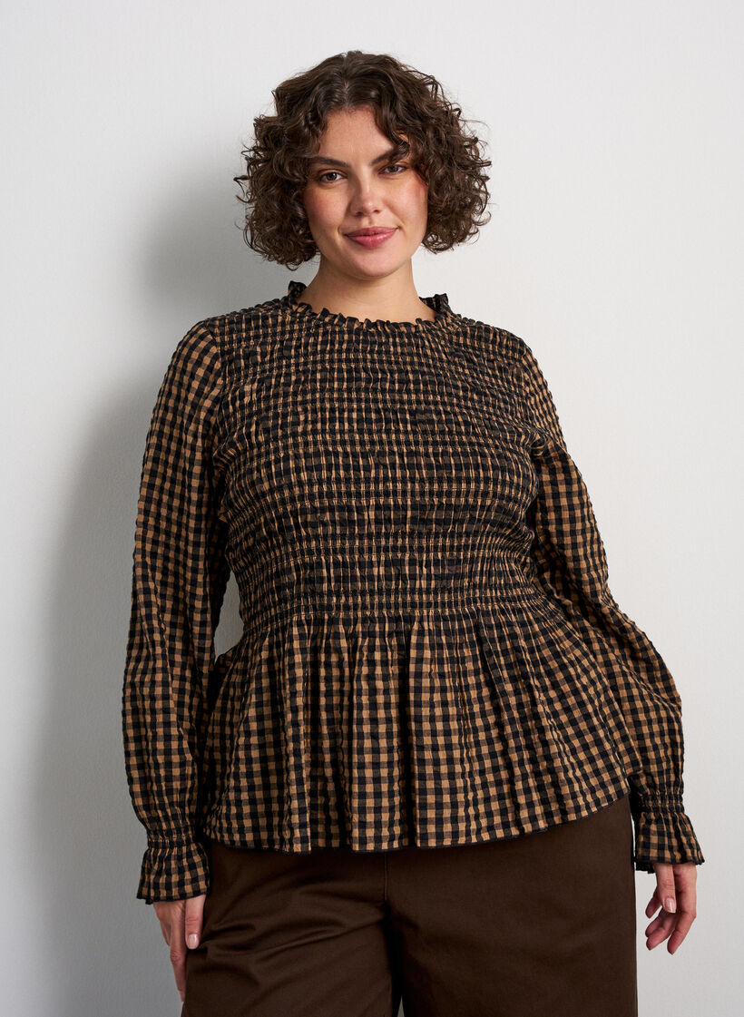 Blouse &agrave; carreaux avec smocks et basque, Marron, Model image number 0