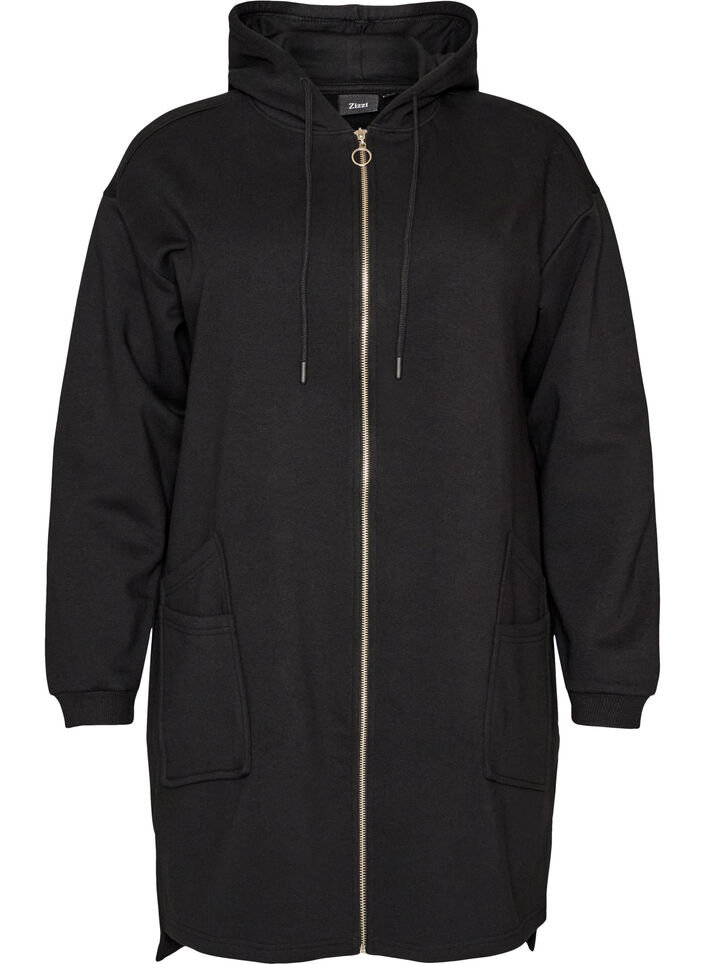 Cardigan long &agrave; capuche avec fermeture &eacute;clair, Noir, Packshot image number 0