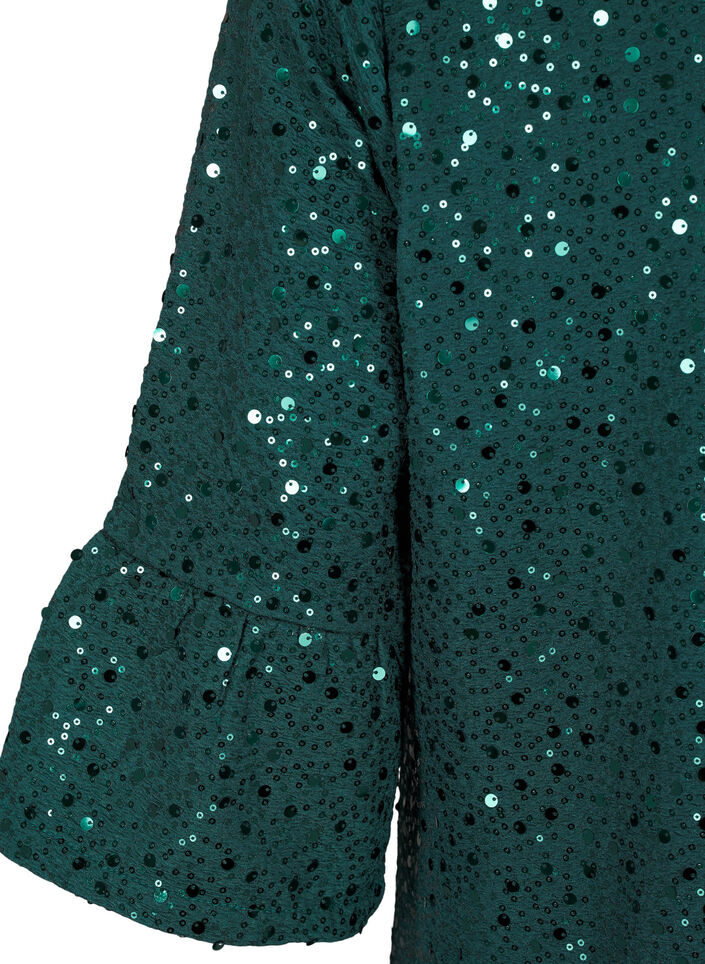 Robe à paillettes avec col en V et manches 3/4, Rain Forest, Packshot image number 3