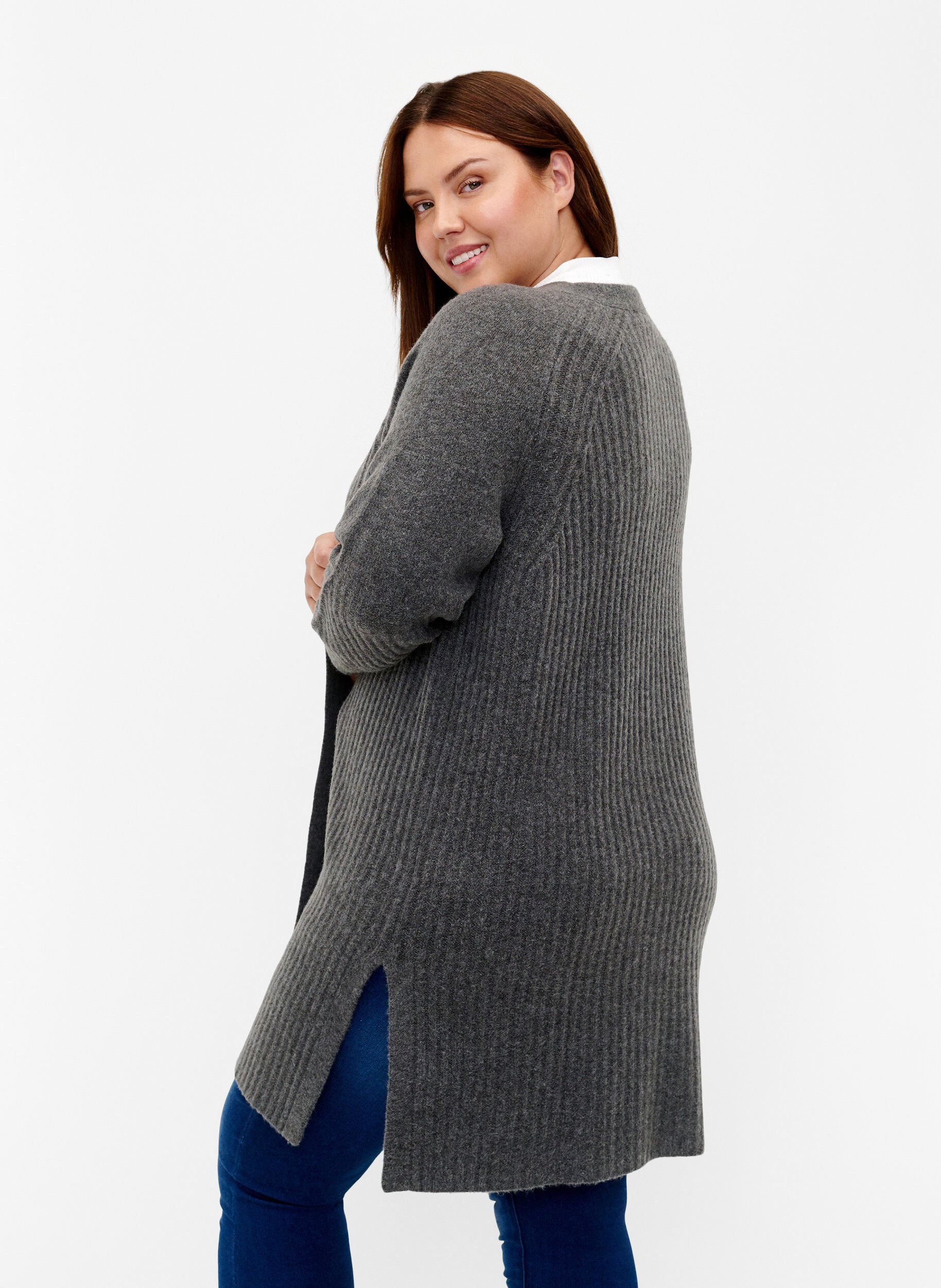 Zizzi Long cardigan en tricot c&ocirc;tel&eacute;, Dark Grey Melange, Model image number 1