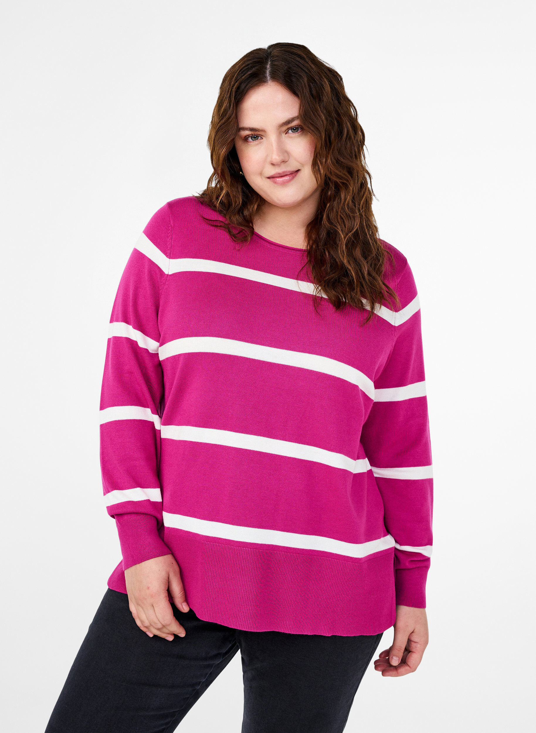 Zizzi Chemisier tricot en viscose avec des rayures, Rose, Model image number 0