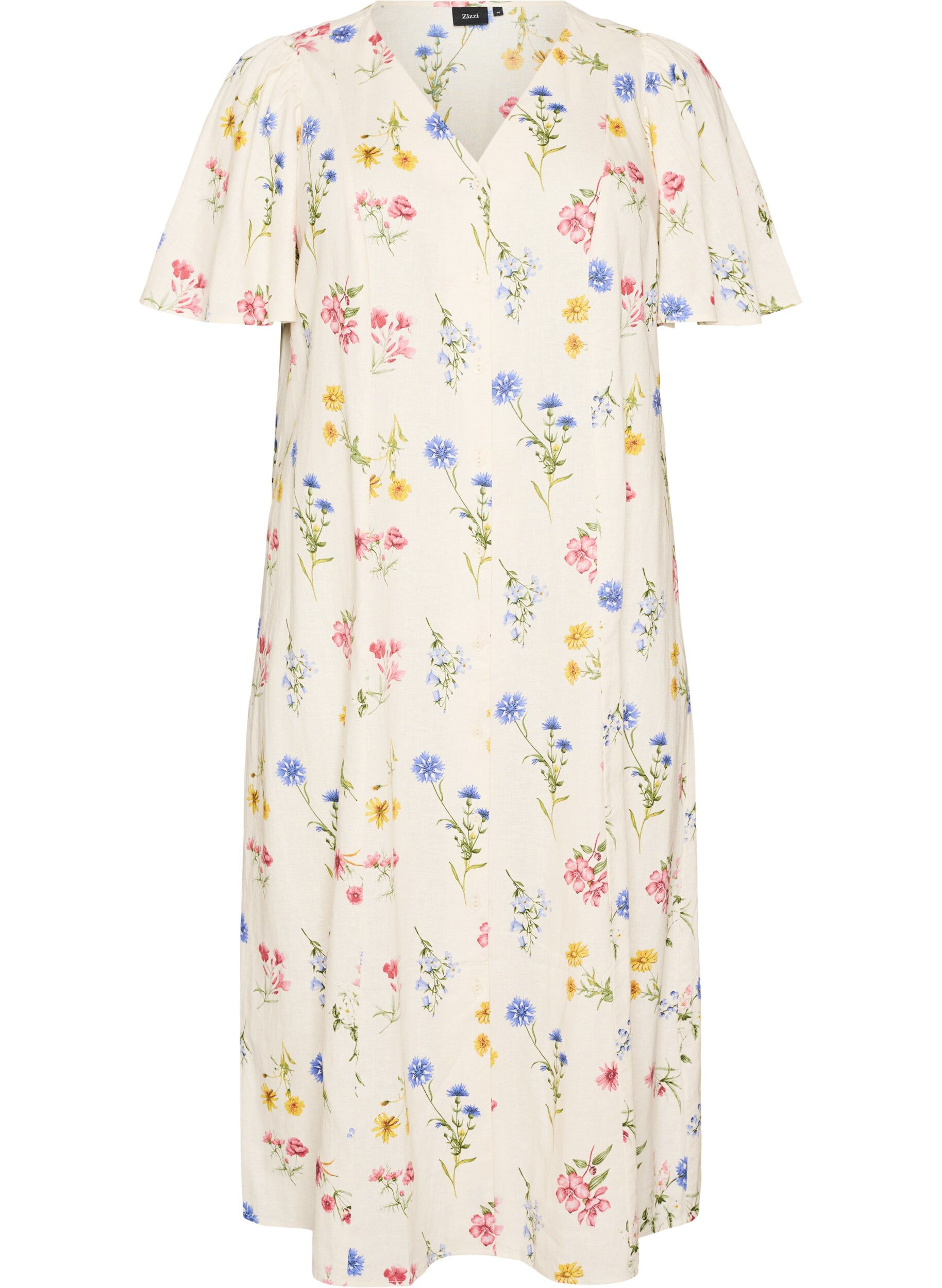Robe midi en lin et viscose avec manches &agrave; volants