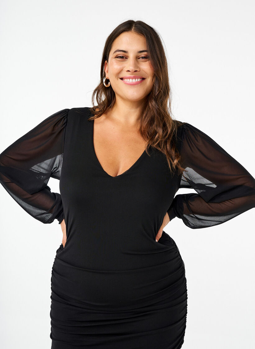 Robe midi en maille avec drapés, Black, Model image number 2