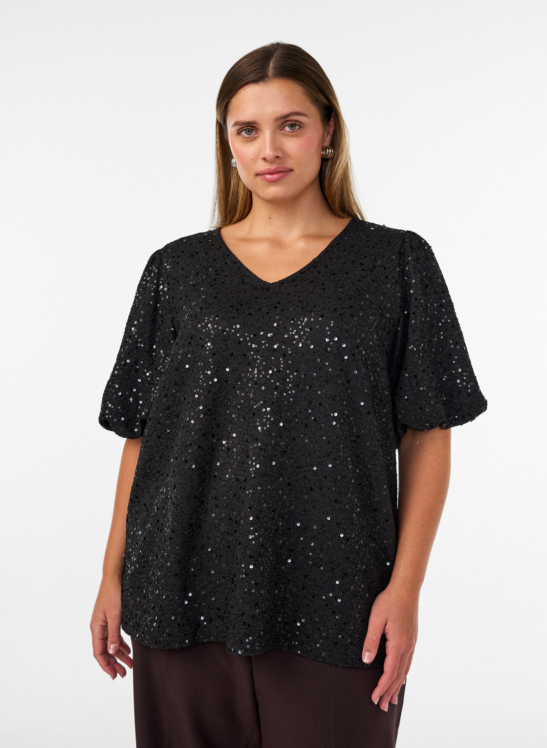 ZizziBlouse &agrave; sequins avec manches ballon, Noir, Model image number 0