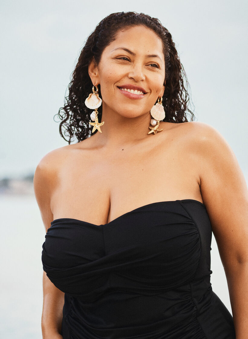 Maillot de bain bandeau avec drap&eacute; et bonnets rembourr&eacute;s, Noir, Image image number 0