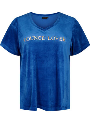 T-shirt en velours avec un col en V, Monaco Blue, Packshot image number 0