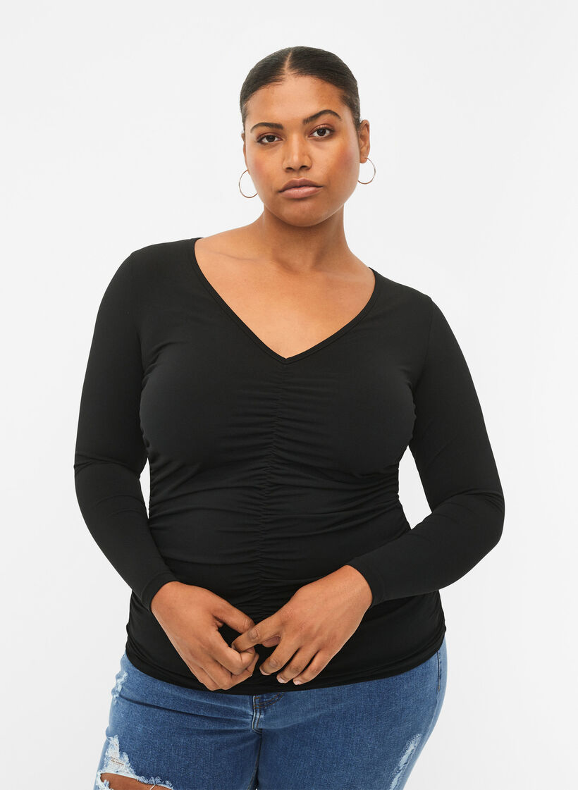 Blouse avec col en V et drapé, Black, Model image number 0
