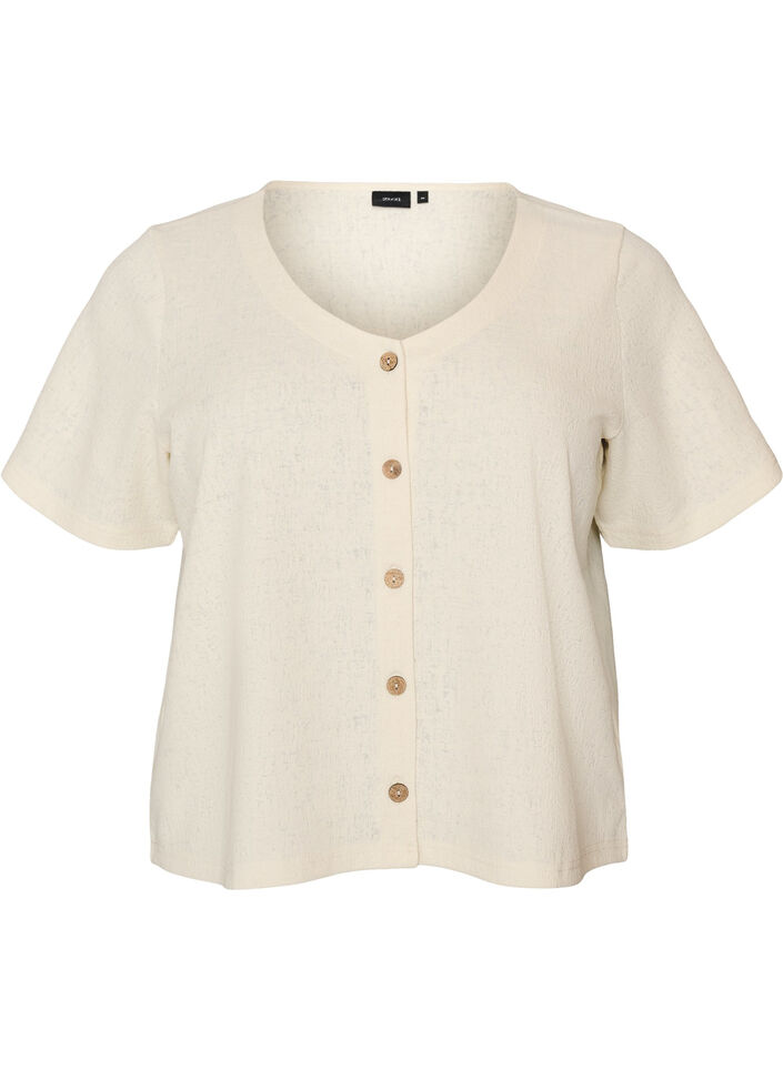 Blouse en coton textur&eacute; avec fermeture &agrave; boutons, Vanille, Packshot image number 0