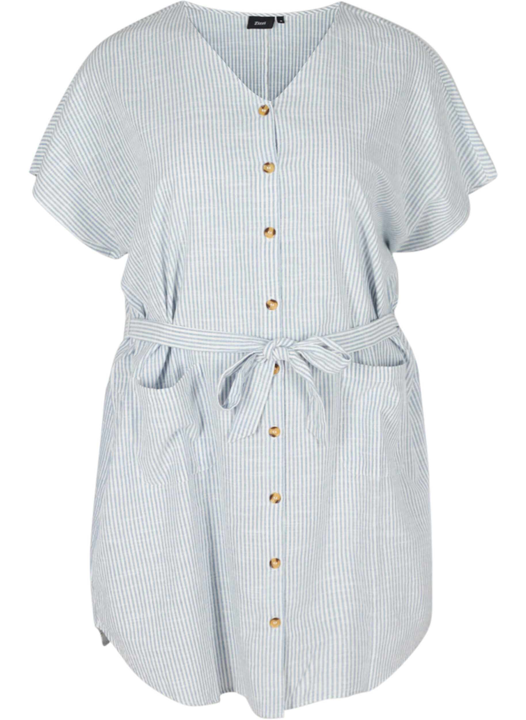 Zizzi Robe chemise ray&eacute;e en coton avec poches, Country Blue Stripe, Packshot image number 0