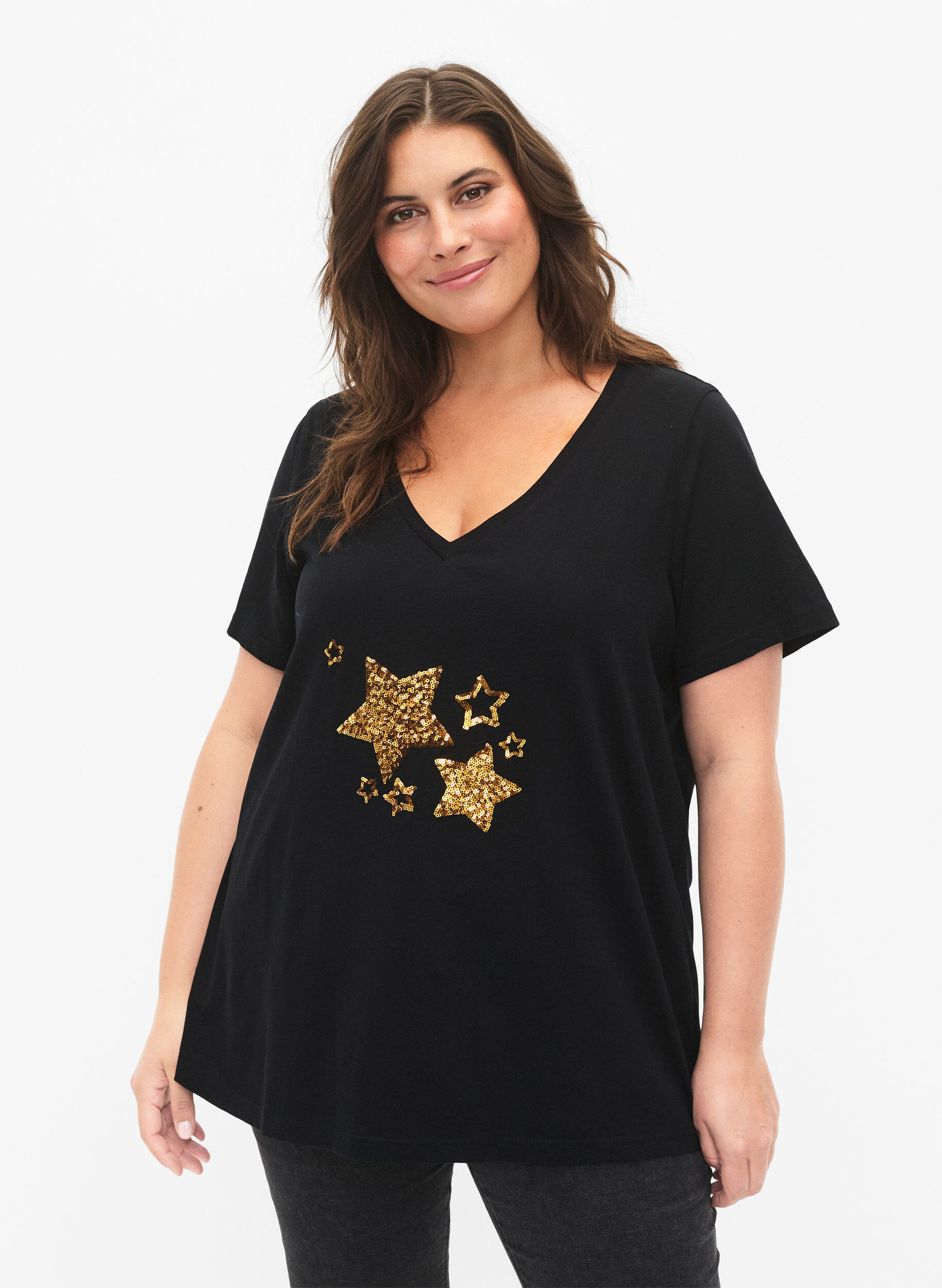 Zizzi T-shirt &agrave; paillettes en coton, Black W. Star, Model image number 0