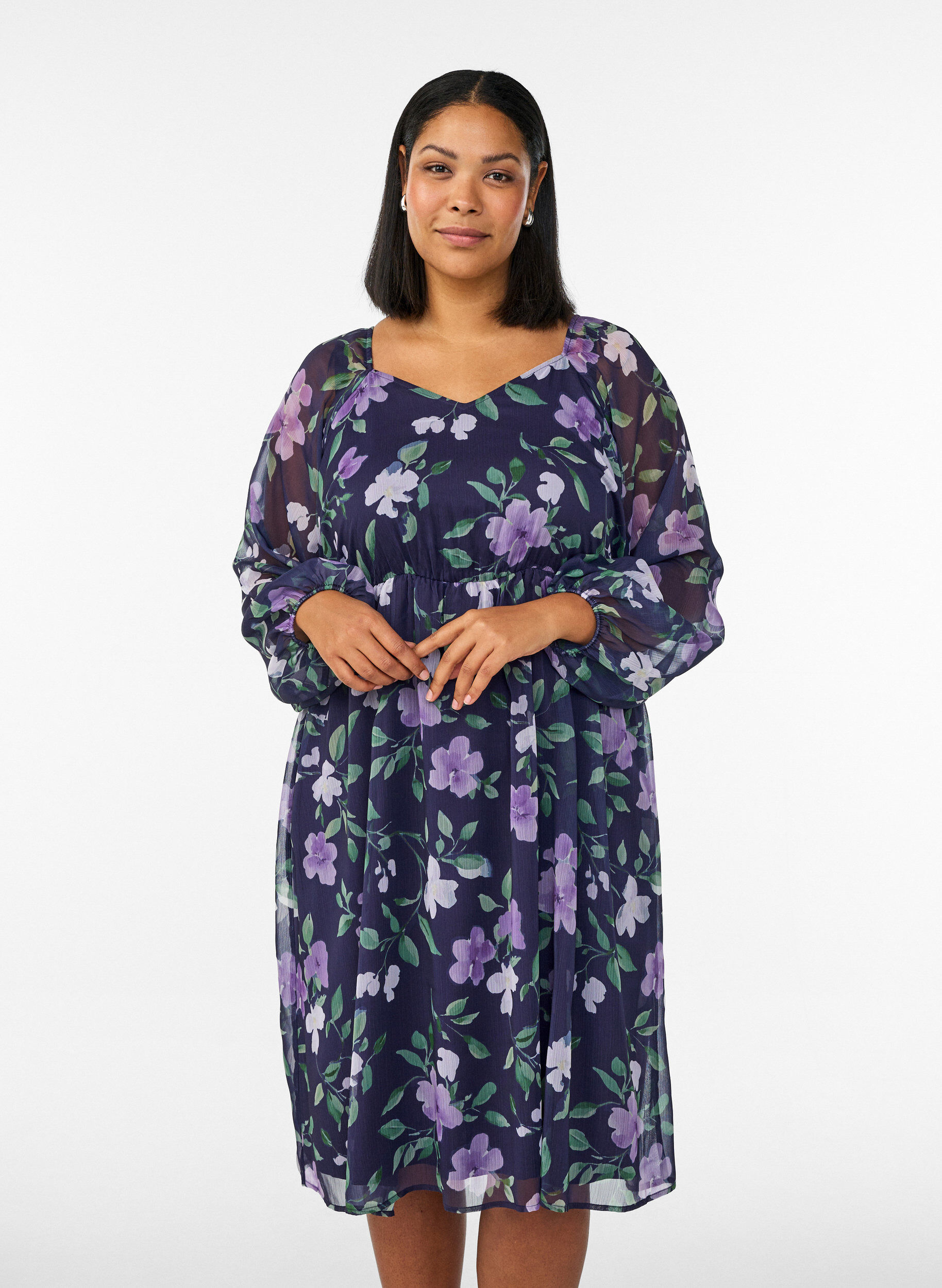 Robe de soir&eacute;e en mousseline &agrave; manches longues, Bleu, Model