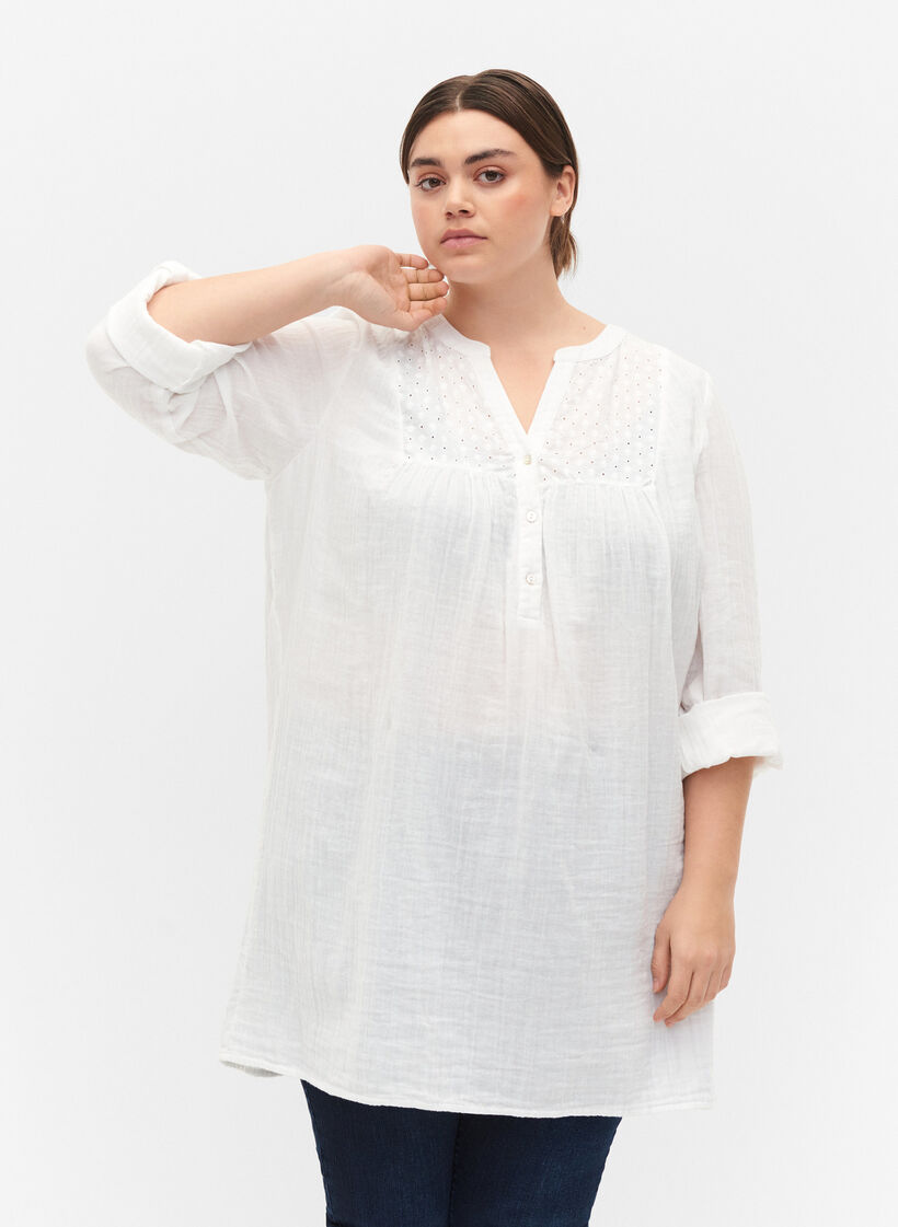Tunique en coton avec broderie anglaise, Bright White, Model image number 0