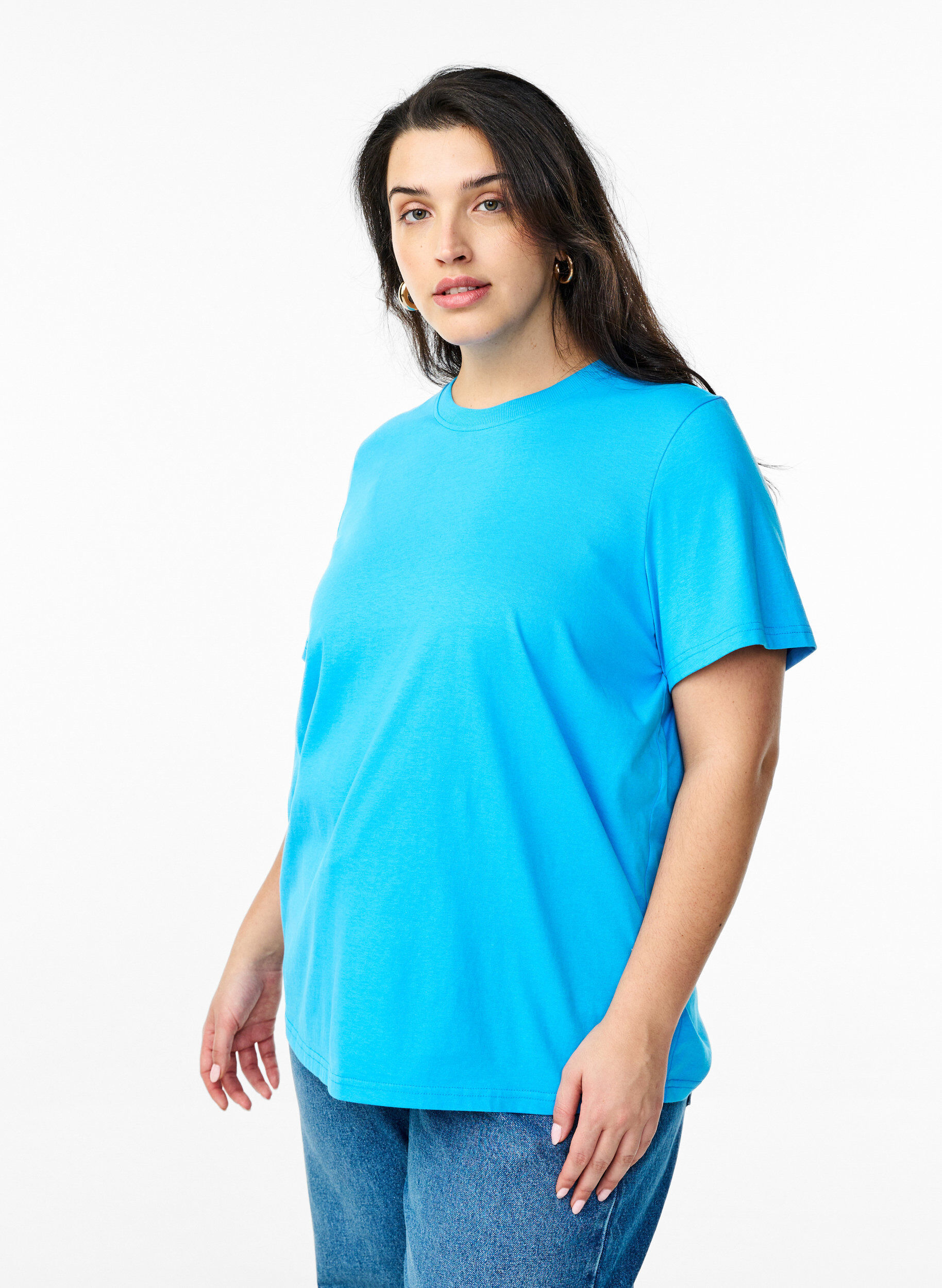 T-shirt basique en coton &agrave; col rond, Bleu, Model