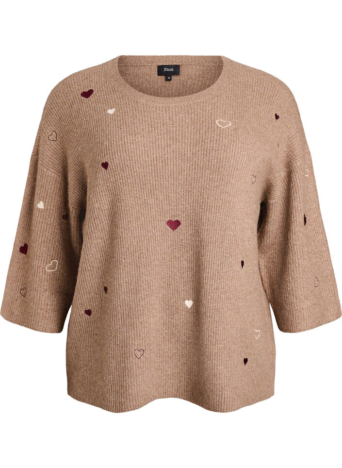Pull &agrave; c&oelig;urs et manches 3/4, Marron, Packshot image number 0