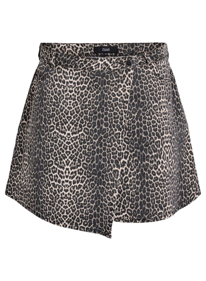 Mini-jupe &eacute;vas&eacute;e en jean imprim&eacute; l&eacute;opard, Marron, Packshot image number 0