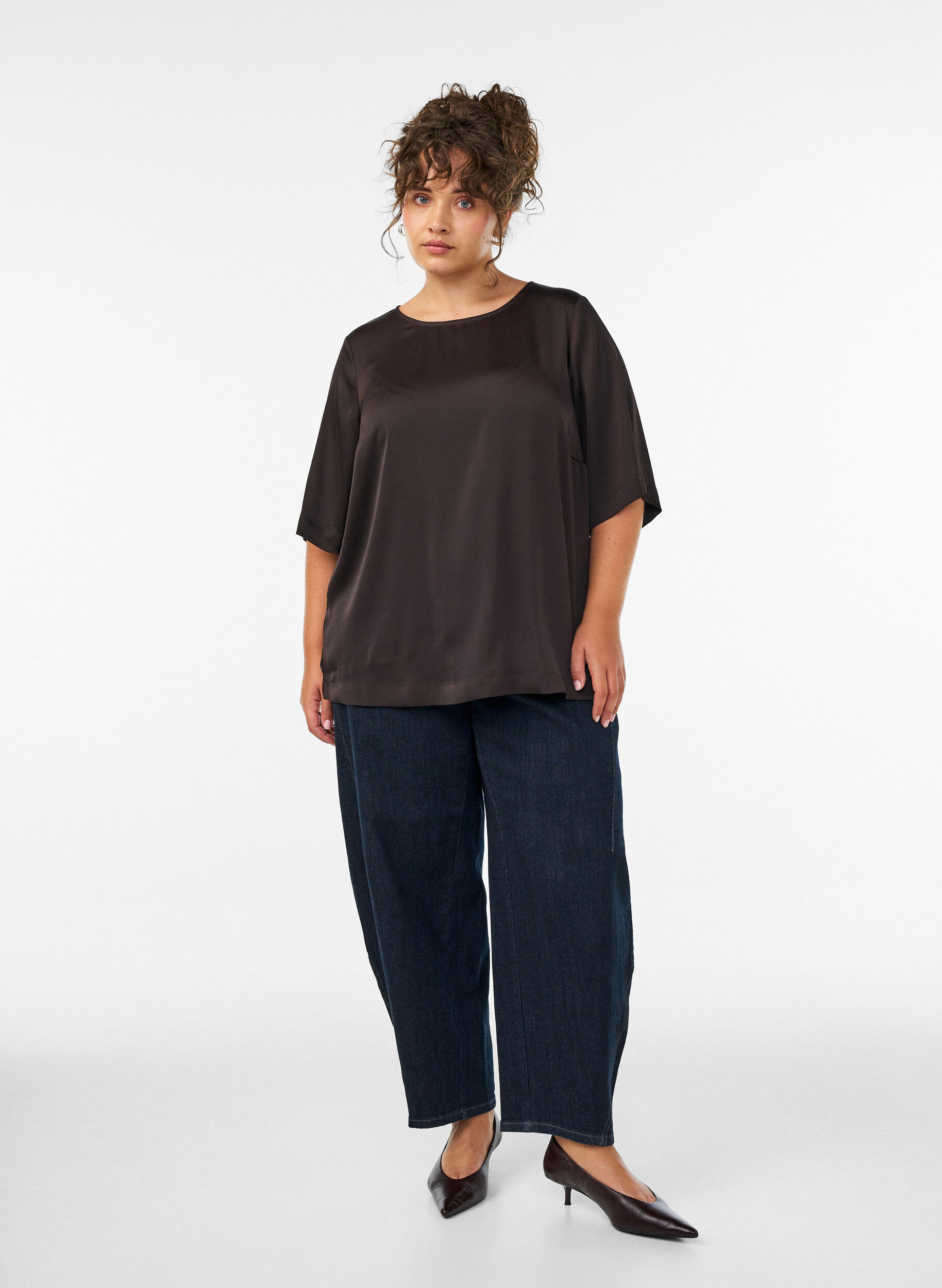 ZizziBlouse en satin &agrave; manches au coude, Marron, Model image number 1