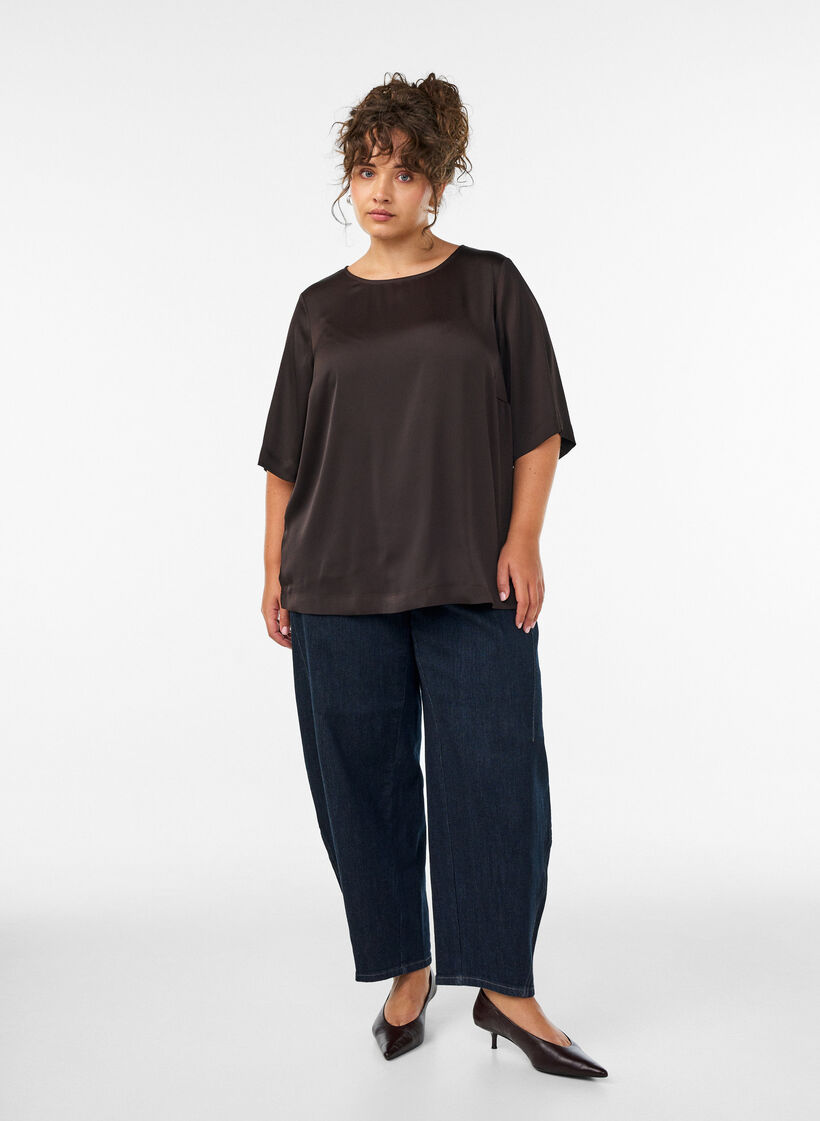 Blouse en satin &agrave; manches au coude, Marron, Model image number 1